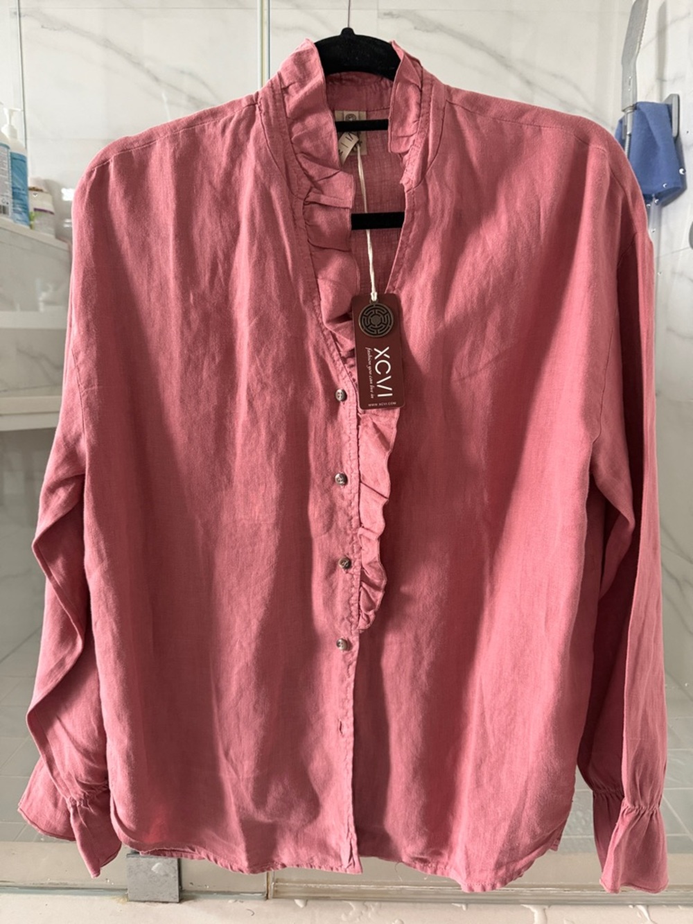 XCVI Rose Pink Ruffle-Trim Long-Sleeve Blouse